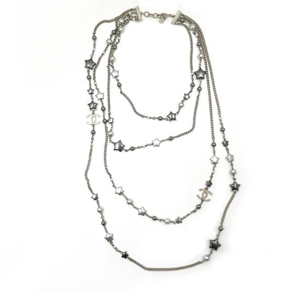 Chanel Silver CC Grey Stars 4 Strand Chain Necklace - Picture 1 of 4